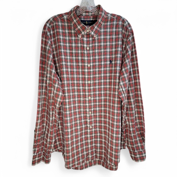 Ralph Lauren Men's XL Red Plaid Button Up Collared Long Sleeve Shirt 100% Cotton - Picture 1 of 7